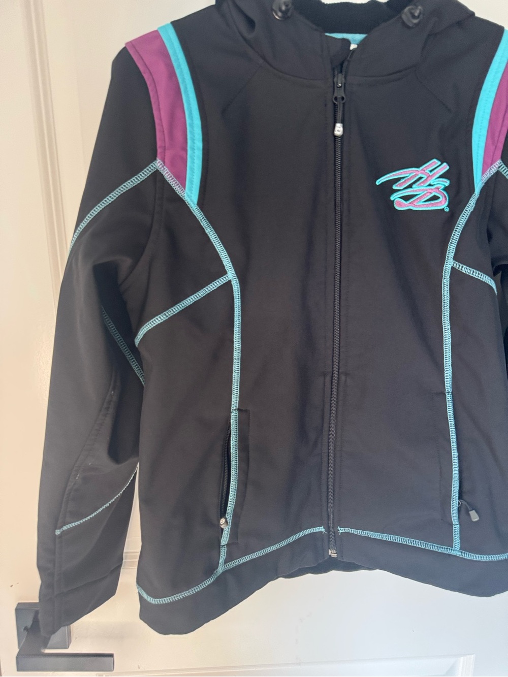 Harley Davidson Black Hooded Puffer Jacket with Teal and Purple Accents